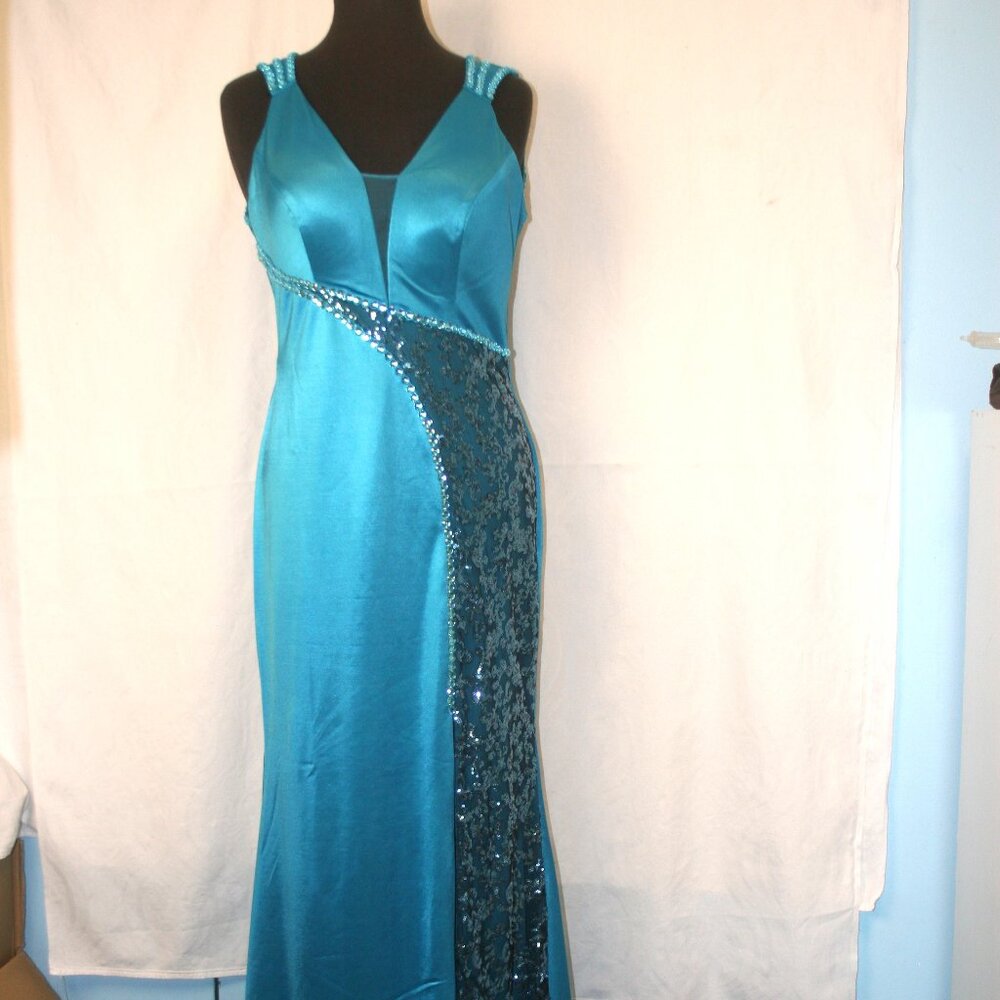 Teal Satin Maxi Dress with Sequined Side Panel